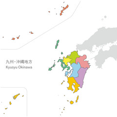 九州沖縄地方、九州沖縄地方の各県の地図、カラフルで明るい - obrazy, fototapety, plakaty