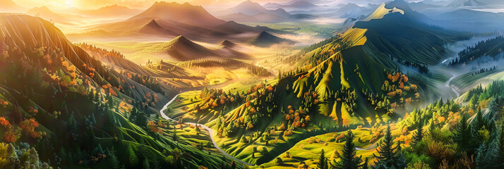 Dawn Breaks Over Misty Mountains, Lush Forests and Rolling Hills, A Serene Countryside View