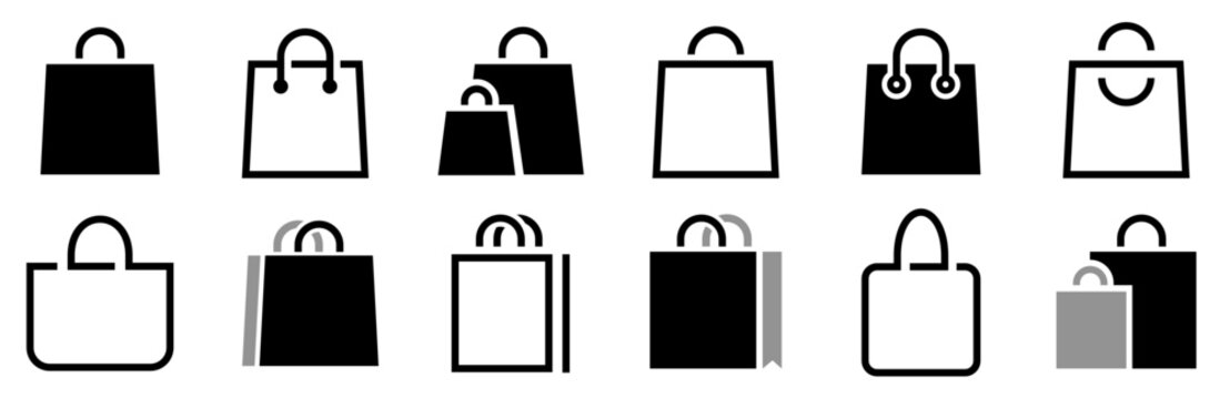 Shopping bag icon set. Paper Bags. Online Shop Symbol. Outline bag symbol. Packages symbol. Vector Illustration