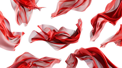 Set of flying 3d red drapery fabric cloth, isolated on white background