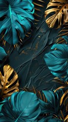 seamless pattern with gold and emerald tropical leaves on dark background. Exotic botanical background design for cosmetics, spa, textile, hawaiian style shirt. Best as wrapping paper, wallpaper - obrazy, fototapety, plakaty