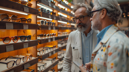 Two men discussing eyewear options at an optical store. Personalized customer service and eyecare consultation concept. Design for optician's service brochure, customer care material