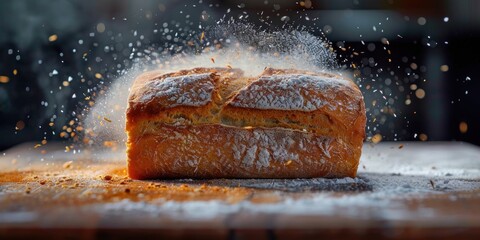 A loaf of bread being covered with a light dusting of powdered sugar by a pair of hands. - obrazy, fototapety, plakaty