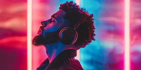 Young man standing in front of a bright neon background, wearing headphones and listening to music