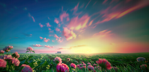 sunset in a field with pink flowers and clouds in the sky