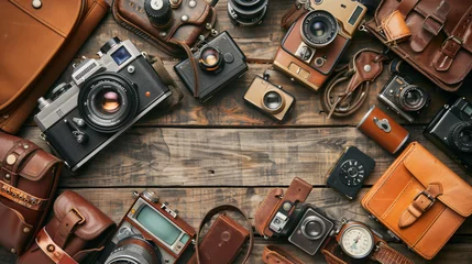Poster An array of vintage cameras and photography accessories on a rustic wooden background. © Kristin
