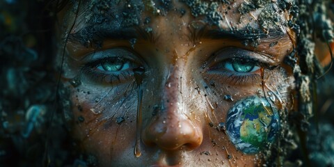 Close up of a woman with mud all over her face, emphasizing skin care or wellness routine.