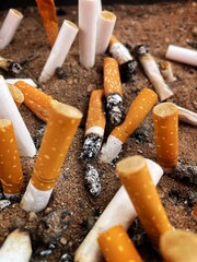 Close up of old cigarette butts in an ashtray