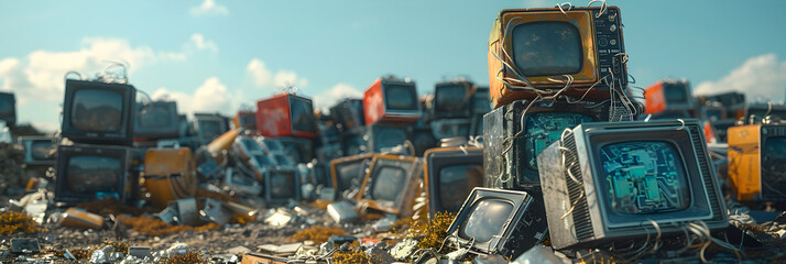 Pile of discarded electronics awaiting recycling,
Old retro television and blank screen display - obrazy, fototapety, plakaty