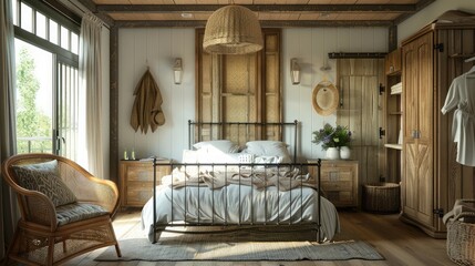 Bright bedroom with rustic wooden cabinets, iron frame bed, wicker chair and wicker privacy screen