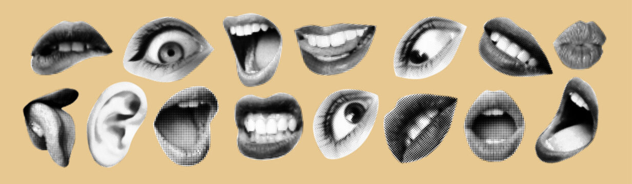 Mouth halftone. Pop art. Newspaper lips. Eye and ear. People smile and scream. Doodle dotted facial parts. Punk poster. Woman sticking out tongue. Vintage paper sticker Vector retro face elements set