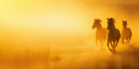 silhouette of a horses running through dust