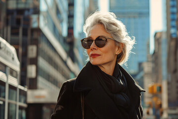 Portrait of an elegant senior businesswoman navigating the bustling cityscape with confidence