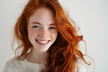 portrait of young redhead woman with freckles, smiling. girl with long red wavy hair looking happy and radiant. ginger female on white background, isolated with copy space