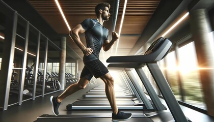 Man Running on Treadmill in Modern Gym Concept of Health, Fitness and Cardio Workout - obrazy, fototapety, plakaty