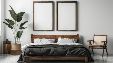 Comfortable bedroom with two wooden frame mockup design, dark bed and wooden chair on white wall background