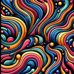 Fototapeta na wymiar a colorful pattern of wavy shapes on a black background, abstract pattern, psychedelic background, rounded lines, smooth organic pattern, colourful biomorphic opart, worms intricated, motion shapes co
