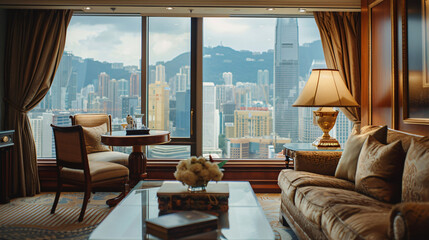 An elegant hotel room with plush furnishings and a panoramic city view.