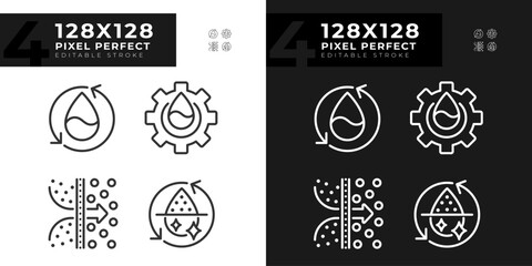 Water treatment linear icons set for dark, light mode. Osmosis and desalination. Filtration process. Thin line symbols for night, day theme. Isolated illustrations. Editable stroke. Pixel perfect