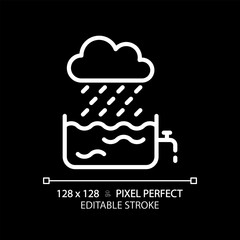 Rain water white linear icon for dark theme. Water collection. Sustainable living. Harvesting rainwater. Thin line illustration. Isolated symbol for night mode. Editable stroke. Pixel perfect