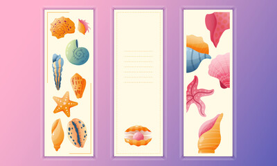 Set of bookmarks for books with sea and ocean shells