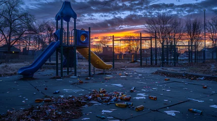 Foto op Plexiglas An empty playground at dawn with discarded alcohol bottles indicating community issues. © Kristin