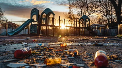Gordijnen An empty playground at dawn with discarded alcohol bottles indicating community issues. © Kristin