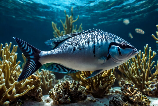 Underwater macro photography of marine animals. Vegetation, creatures under water. Marine life under water in ocean. Observation animal world. Scuba diving adventure in Red sea, coast Africa