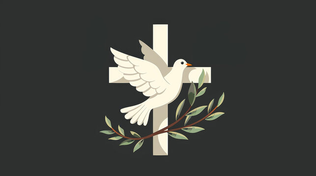 Dove of Peace with Olive Branch Beside Christian Cross. Christian Easter and International Day of Peace concept.