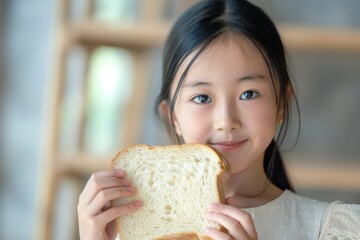 パンを食べる女の子（朝食・パン食・朝ごはん）
