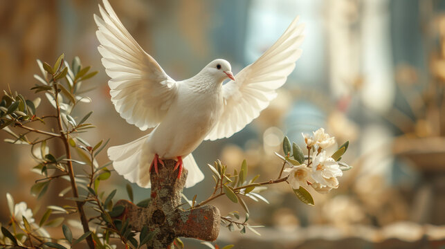 Dove of Peace beside Christian Cross. Christian Easter and International Day of Peace concept.