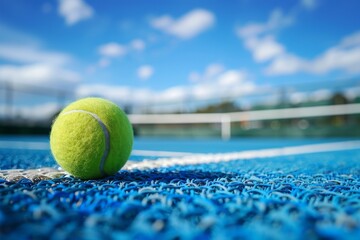 Close-up of a bright yellow tennis ball on a textured blue court with the net in the background,...