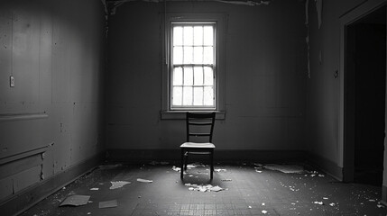 An empty room with a single chair and remnants of addiction scattered around signifying absence. - obrazy, fototapety, plakaty