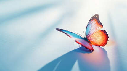 Obraz na płótnie Canvas Fragile pastel coloured butterfly on a light background with shadows. Aesthetic nature concept. Generative AI