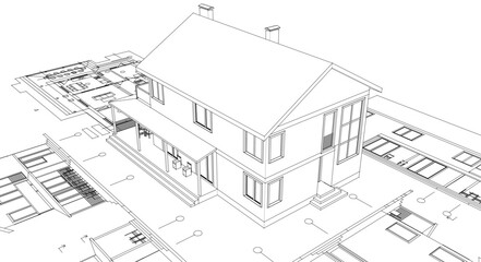 house traditional architecture plan 3d illustration	
