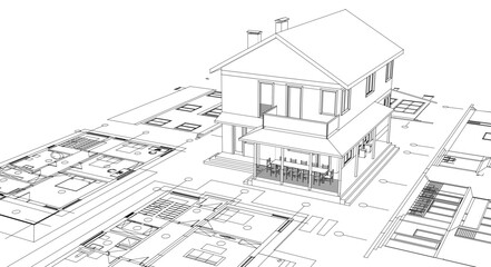 house traditional architecture plan 3d illustration	
