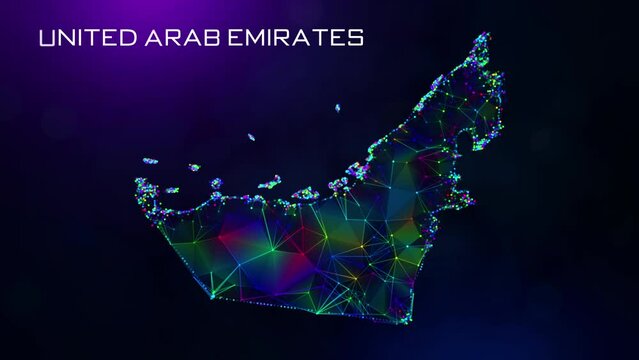 Futuristic Motion Reveal United Arab Emirates Map Polygonal Blue Purple Colorful Connected Lines And Dots Network Wireframe With Text On Hazy Flare Bokeh Background, Last 10 Seconds Seamless Loop