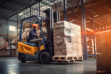 Foto op Canvas Worker in a safety vest operates a forklift, transporting a pallet of goods in a well-lit warehouse.Generative ai © Breyenaiimages