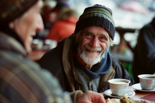 Smiling Elderly Homeless Man Enjoying Free Coffee and Conversation with Friends in a Soup Kitchen, a Moment of Joy and Community Support Captured.