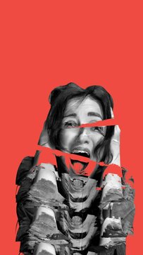 Young girl suffering from depression, mental disorder. Shouting and expressing instability. Stop motion, animation. Concept of psychology, inner world, mental health, broken heart, therapy