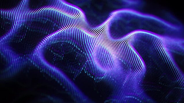 Slow wave motion of blue dotted surface on black background. Abstract concept of future energy source, artificial intelligence (AI) and digital soundwave equalizer. 4K looped motion of 3D sound waves