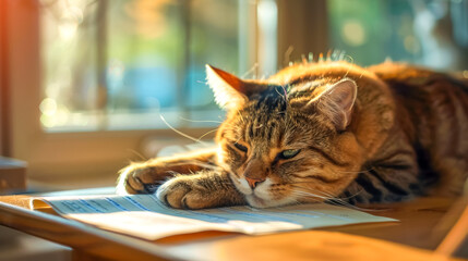 Cozy cat napping on table in warm sunlight