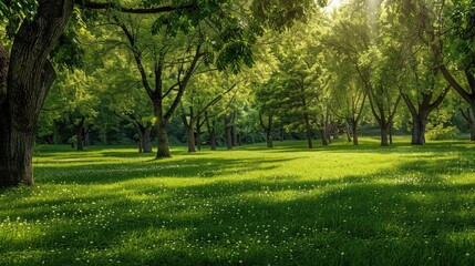 Fototapeta na wymiar Spring Nature. Beautiful Landscape. Park with Green Grass and Trees. Tranquil Background
