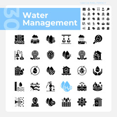 Water management black glyph icons set on white space Water industry. Groundwater. Water conservation. Silhouette symbols. Solid pictogram pack. Vector isolated illustration. Pixel perfect
