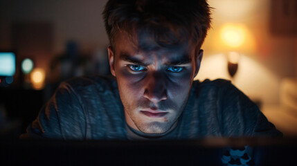 An individual staring at a computer screen late at night illustrating internet addiction. - obrazy, fototapety, plakaty