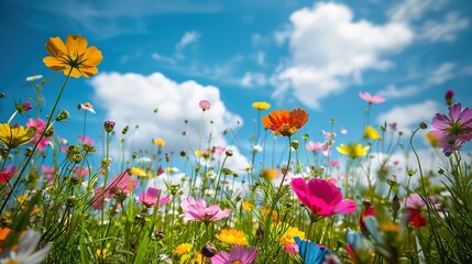 Brightly colored flowers in a field with a blue sky and clouds  ,Generative ai, 