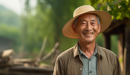 Chinese farmer smiling for the camera against the backdrop of their lush, sun-kissed paddy fields, conveying a sense of satisfaction and connection to the land with Hmong-Mien cultures - obrazy, fototapety, plakaty