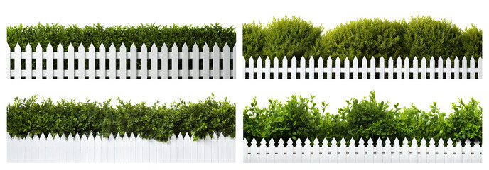 Obraz premium Set of lush green bushes over white picket fences, cut out