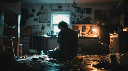 An individual struggling with addiction in a dimly lit sparse room surrounded by scattered paraphernalia. - obrazy, fototapety, plakaty