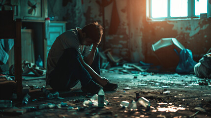 An individual struggling with addiction in a dimly lit sparse room surrounded by scattered paraphernalia.